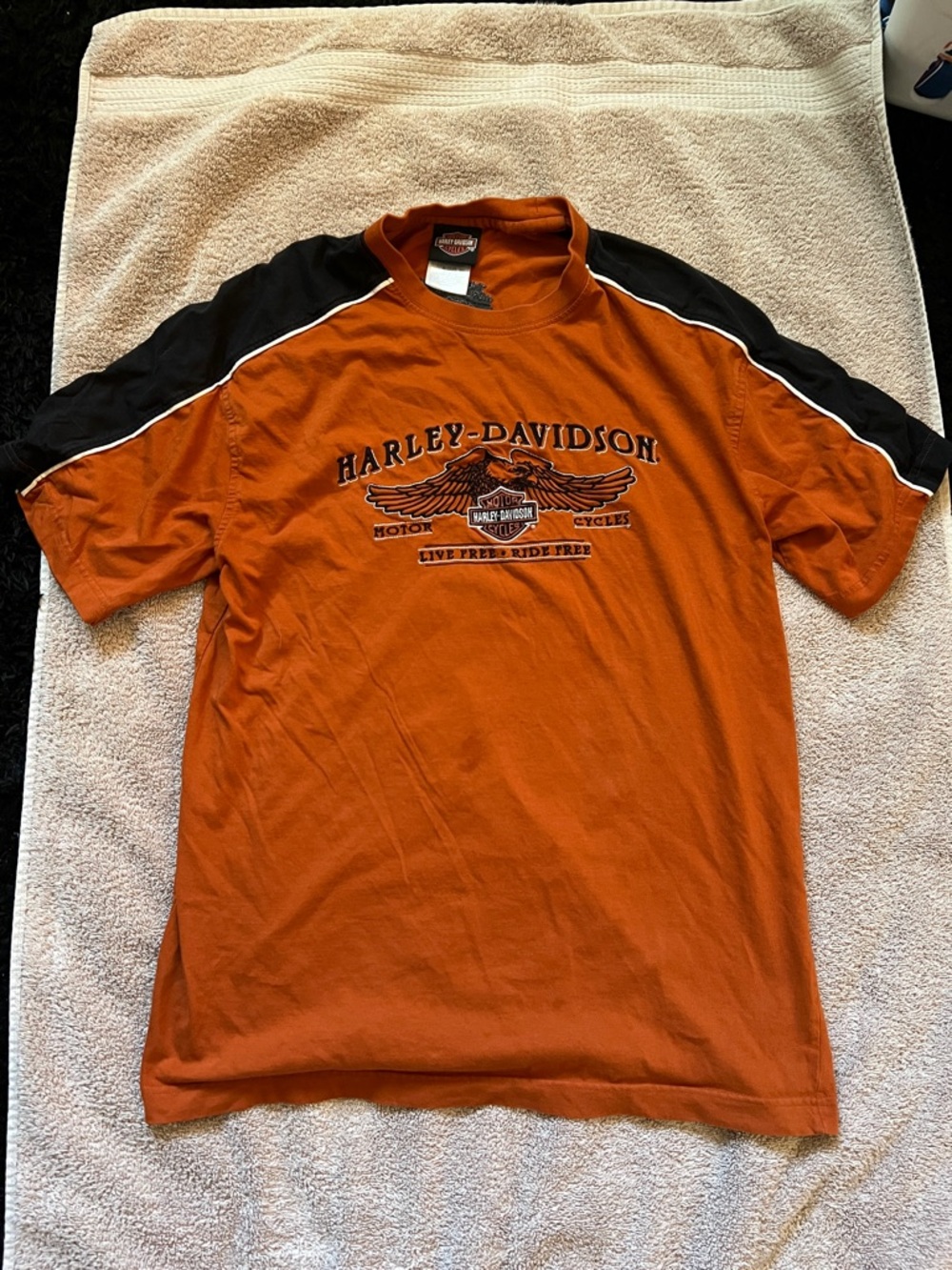 Men’s Vintage Harley-Davidson Orange Short Sleeve Tee with Black Shoulder Panels